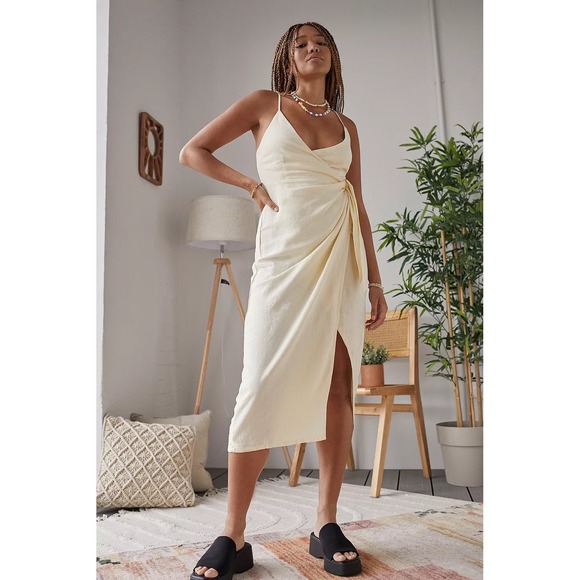 Urban Outfitters Dresses & Skirts - Urban Outfitters Yellow Wrap Midi Dress Smocked Back Spaghetti Strap Small